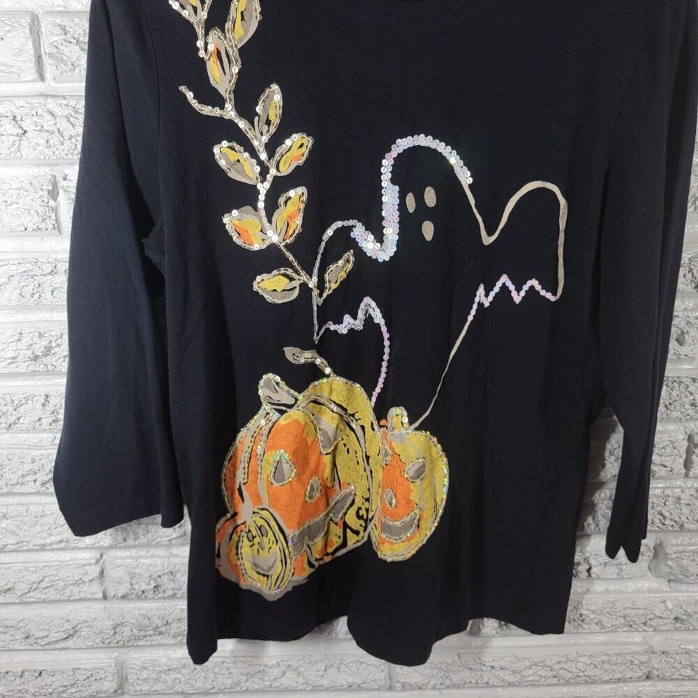 Tantrums Women's XL Halloween Top Black Sequin Jack-O-Lantern Shirt NOV77E - Picture 4 of 7